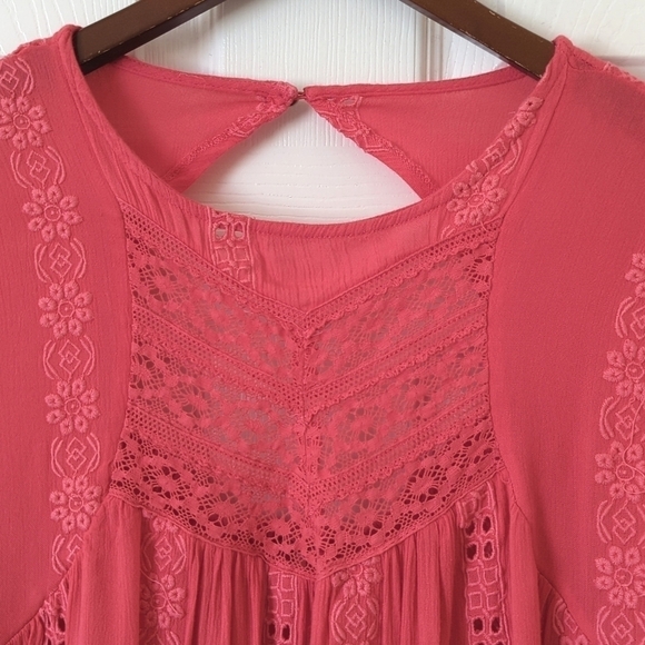 Free People Sweetest Dream Embroidered Long Puff Sleeve Tiered Tunic Top Pink XS - Picture 2 of 16